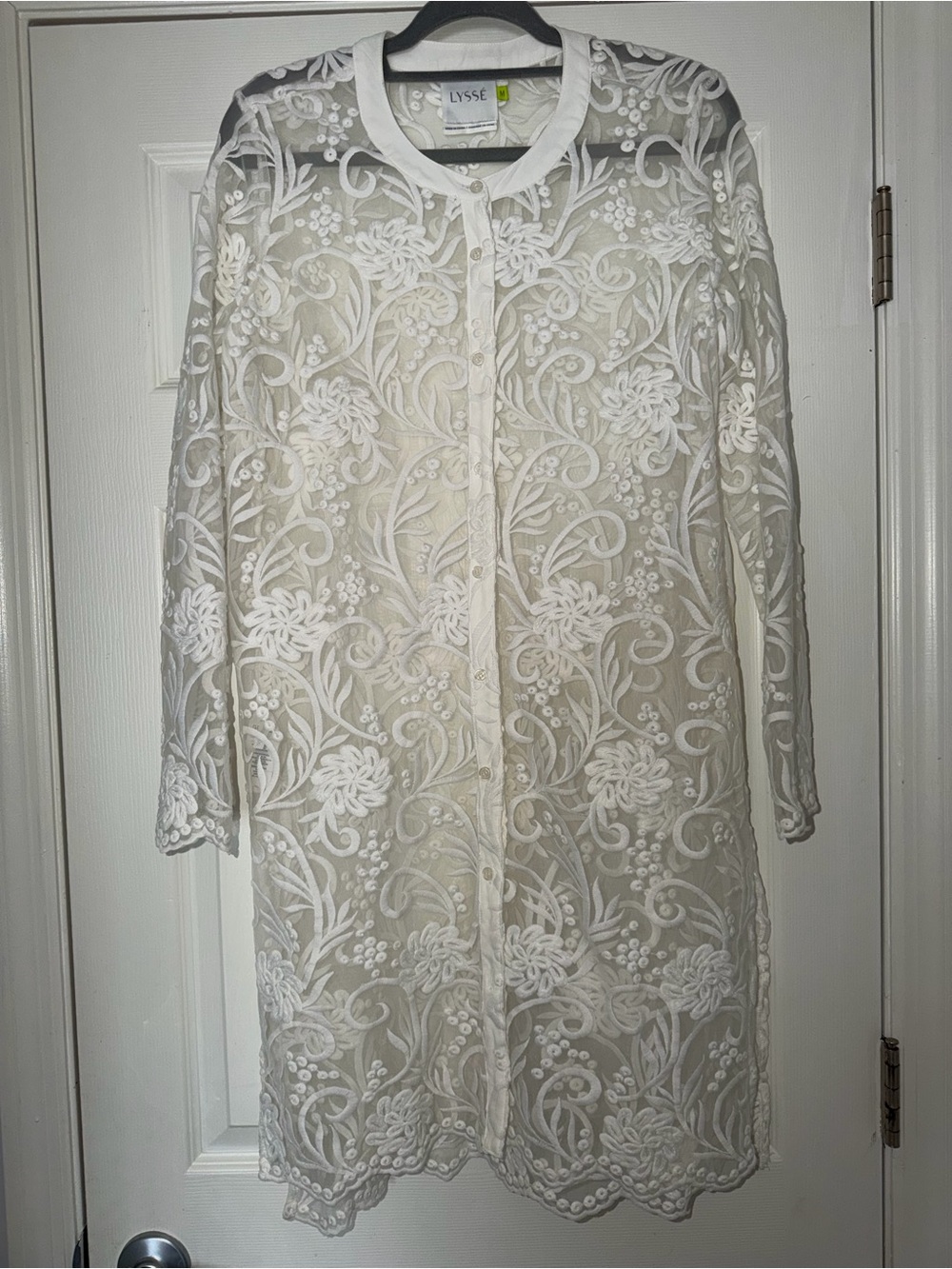Lyssé White Embroidered Sheer Button-Front Tunic Duster